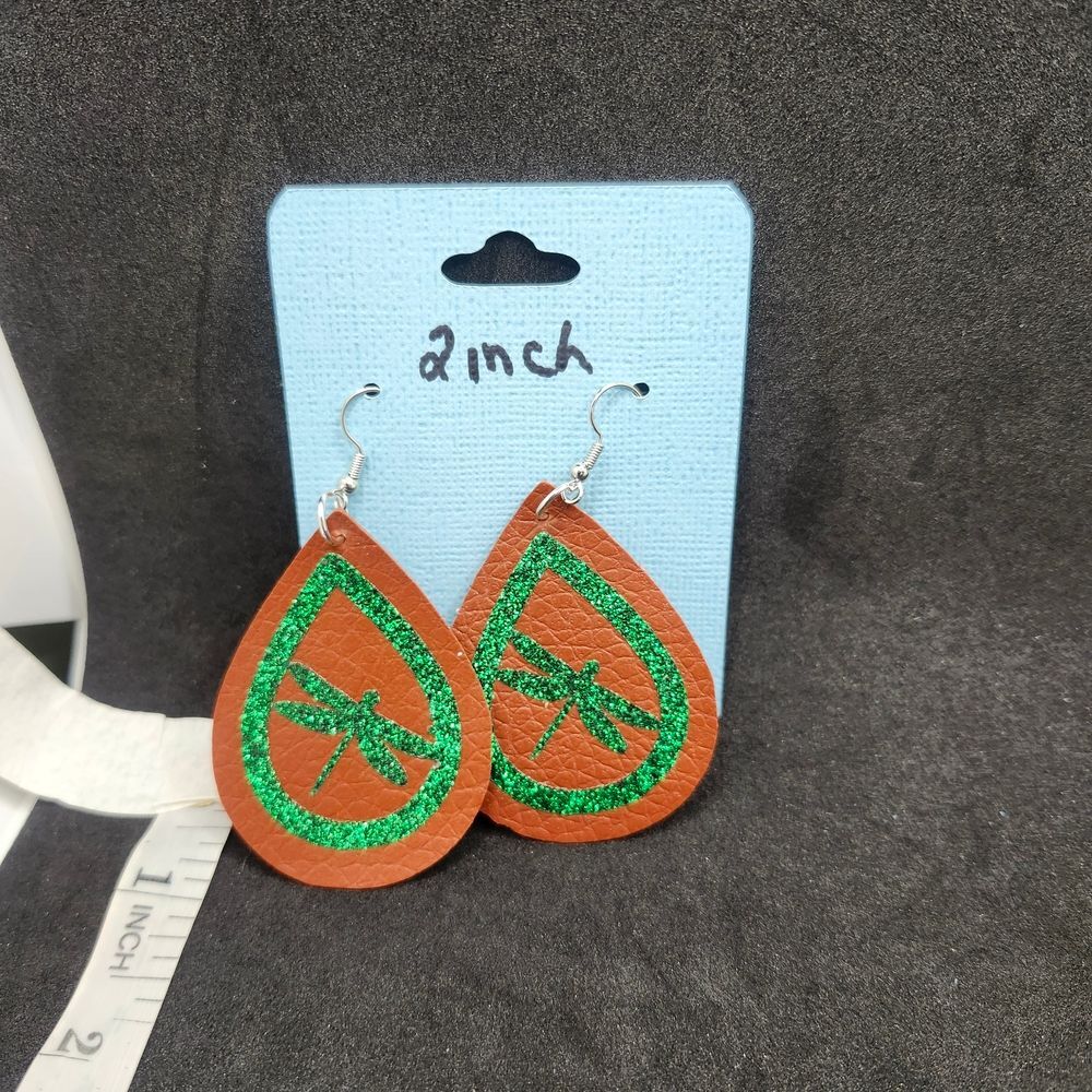 Hand Crafted Dangle Earring  Faux Leather Dragonfly Brown Green Teardrop